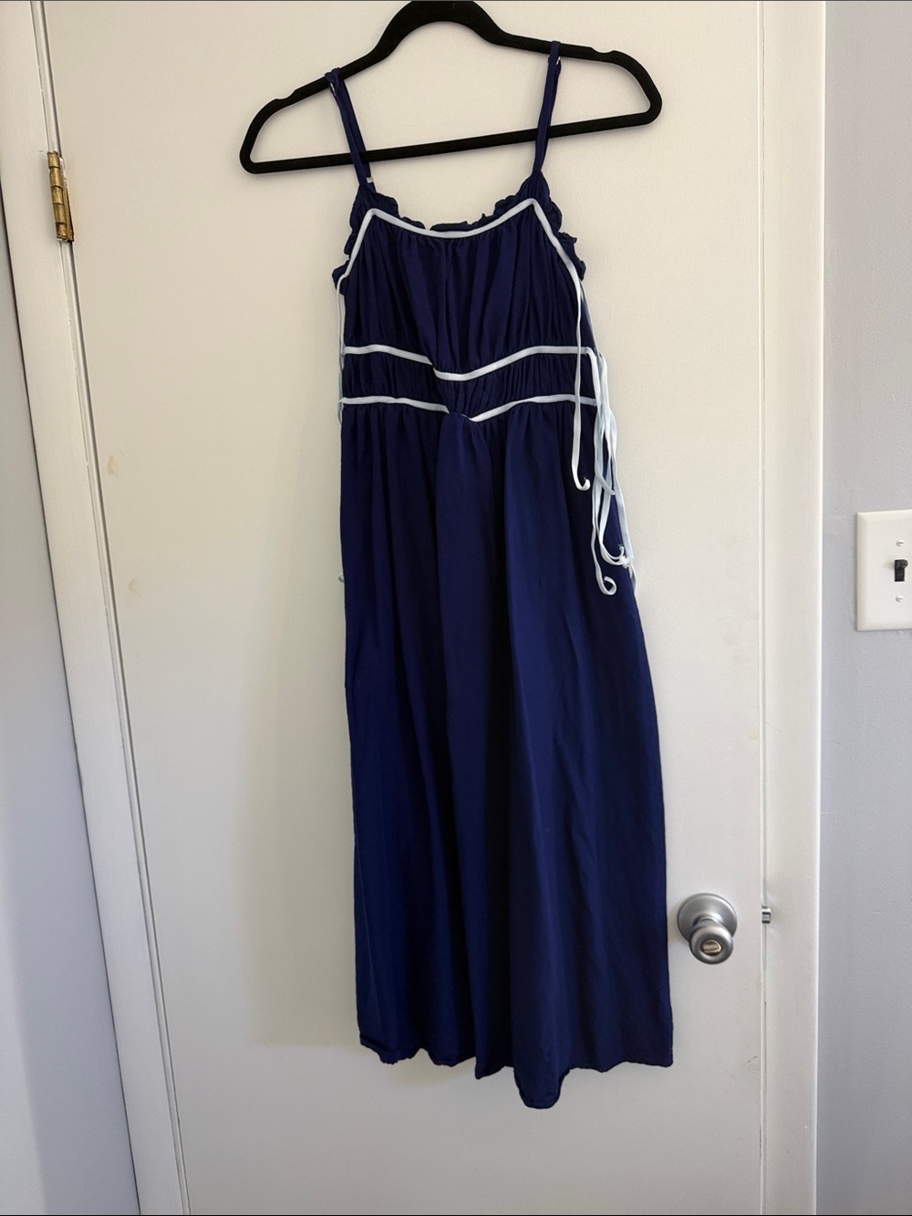 Navy Spaghetti Strap Maxi Dress with White Trim